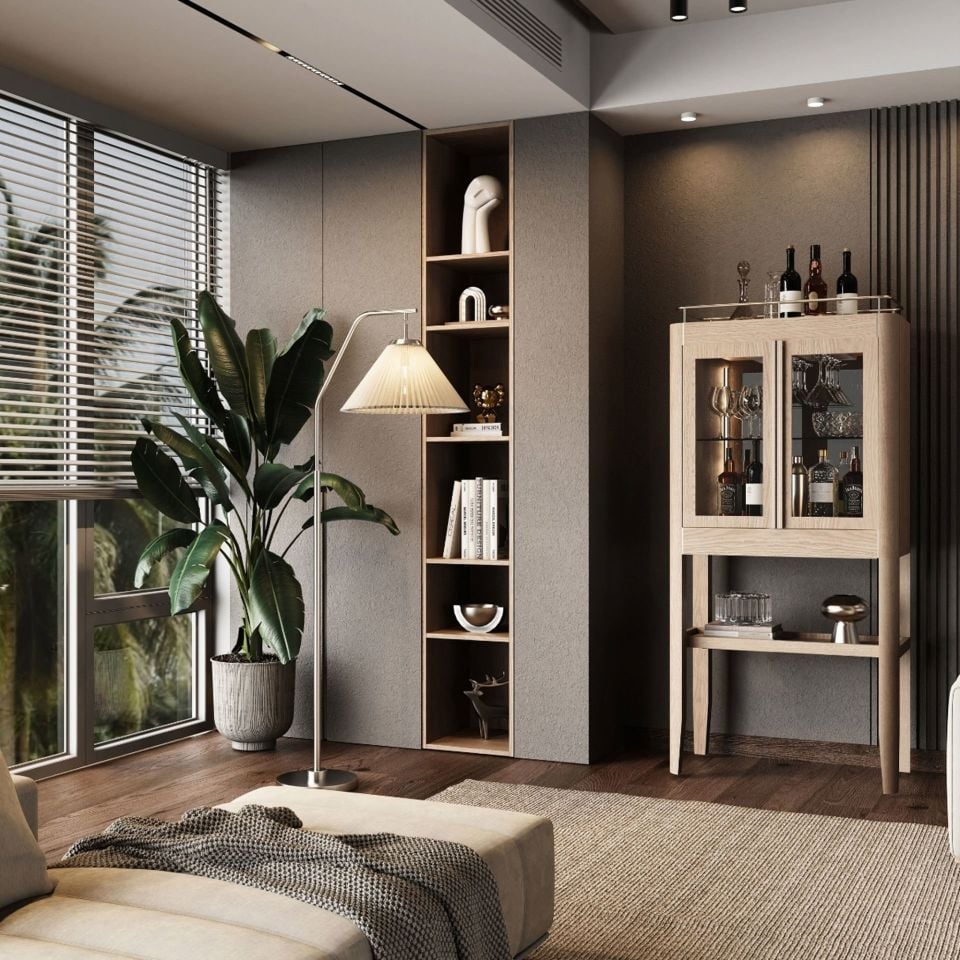 Masif Meşe İçki Dolabı - CASABLANCA High Vitrin Serisi Raw