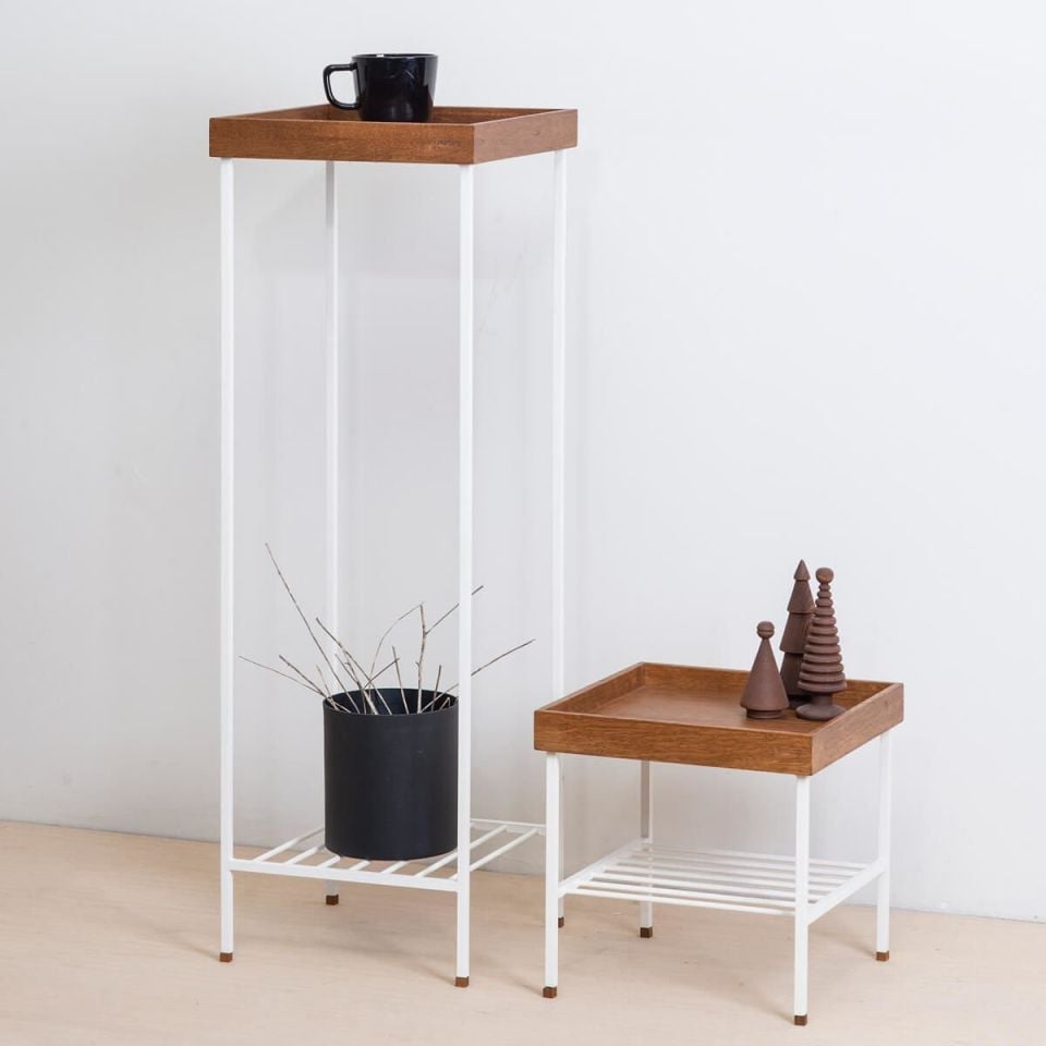 Masif Ahşap Uzun Yan Sehpa / Saksılık – EDGE Serisi, Metal Ayaklı Forest - BEYAZ