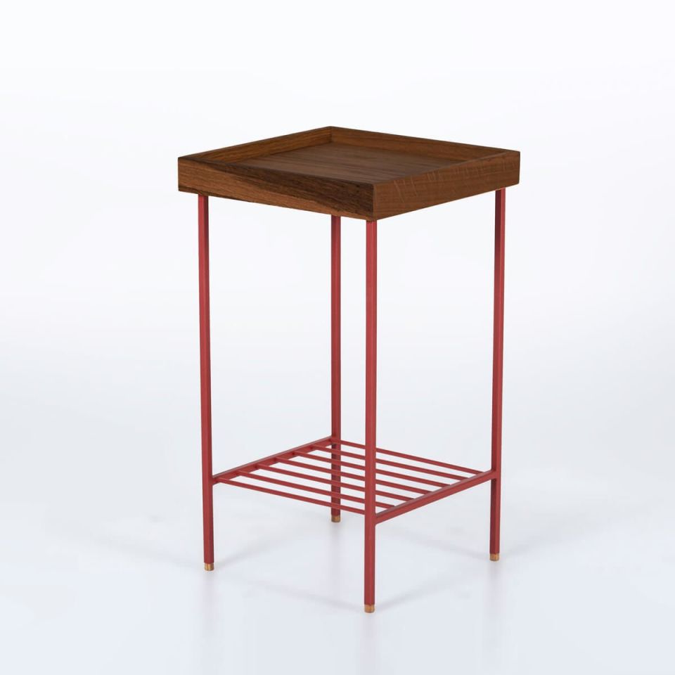 Masif Meşe Orta Boy Yan Sehpa / Saksılık – EDGE Serisi, Renkli Metal Ayaklı Forest - KIRMIZI