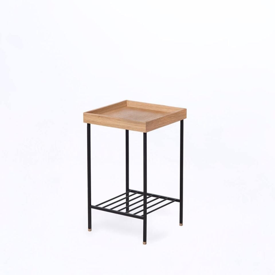 Masif Meşe Orta Boy Yan Sehpa / Saksılık – EDGE Serisi, Metal Ayaklı Raw - SİYAH