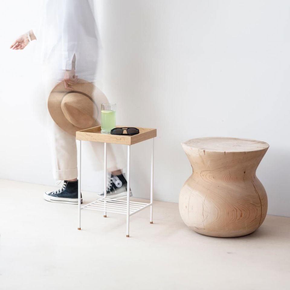 Masif Meşe Orta Boy Yan Sehpa / Saksılık – EDGE Serisi, Metal Ayaklı Raw - BEYAZ