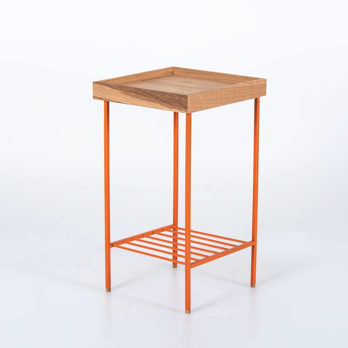 Masif Meşe Orta Boy Yan Sehpa / Saksılık – EDGE Serisi, Renkli Metal Ayaklı Raw - TURUNCU