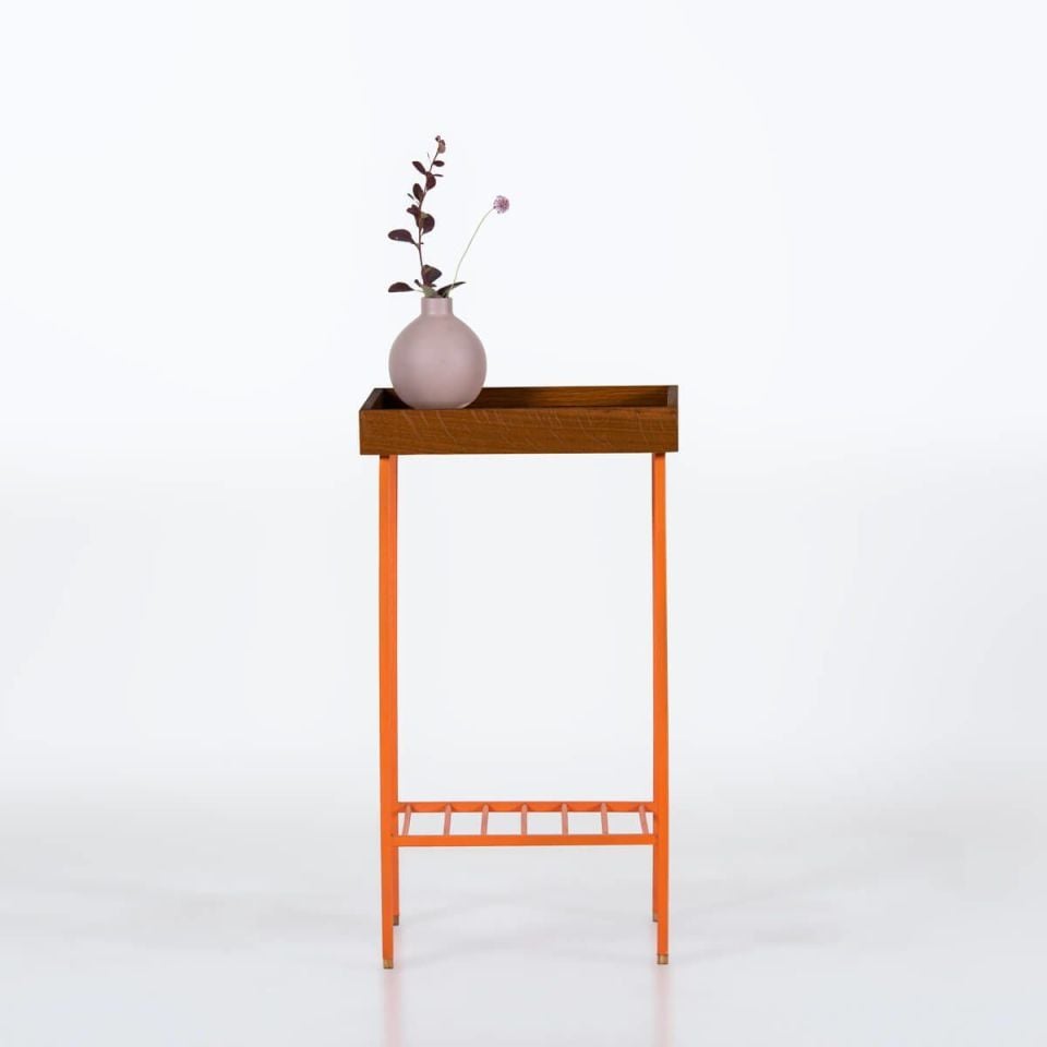 Masif Meşe Orta Boy Yan Sehpa / Saksılık – EDGE Serisi, Renkli Metal Ayaklı Forest - TURUNCU