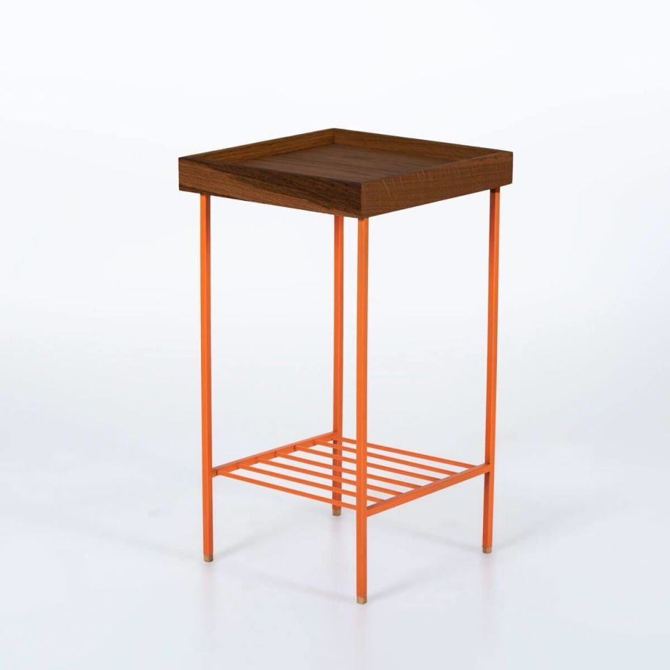 Masif Meşe Orta Boy Yan Sehpa / Saksılık – EDGE Serisi, Renkli Metal Ayaklı Forest - TURUNCU