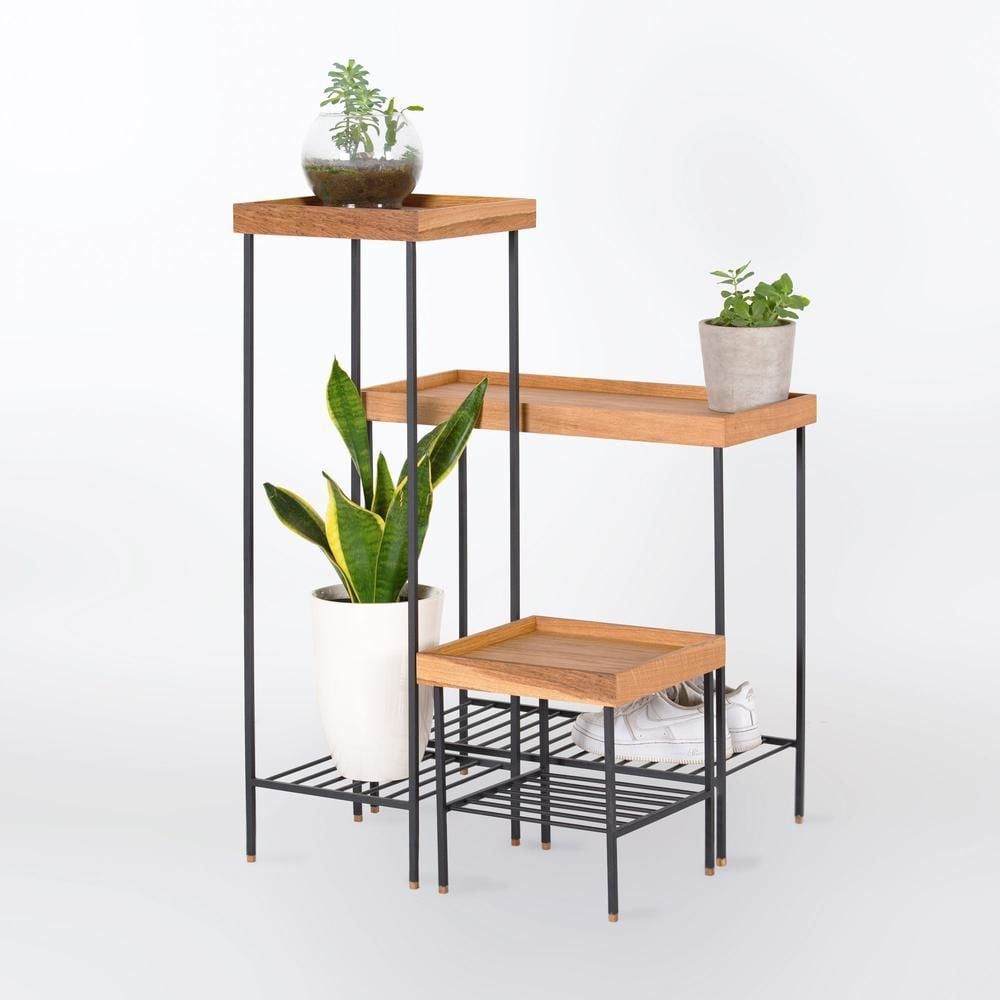 Masif Ahşap Yan Sehpa / Saksılık Set– EDGE Serisi, Metal Ayaklı Honey - SİYAH