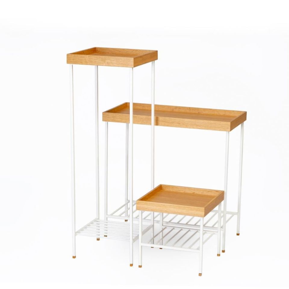 Masif Ahşap Yan Sehpa / Saksılık Set– EDGE Serisi, Metal Ayaklı Honey - BEYAZ