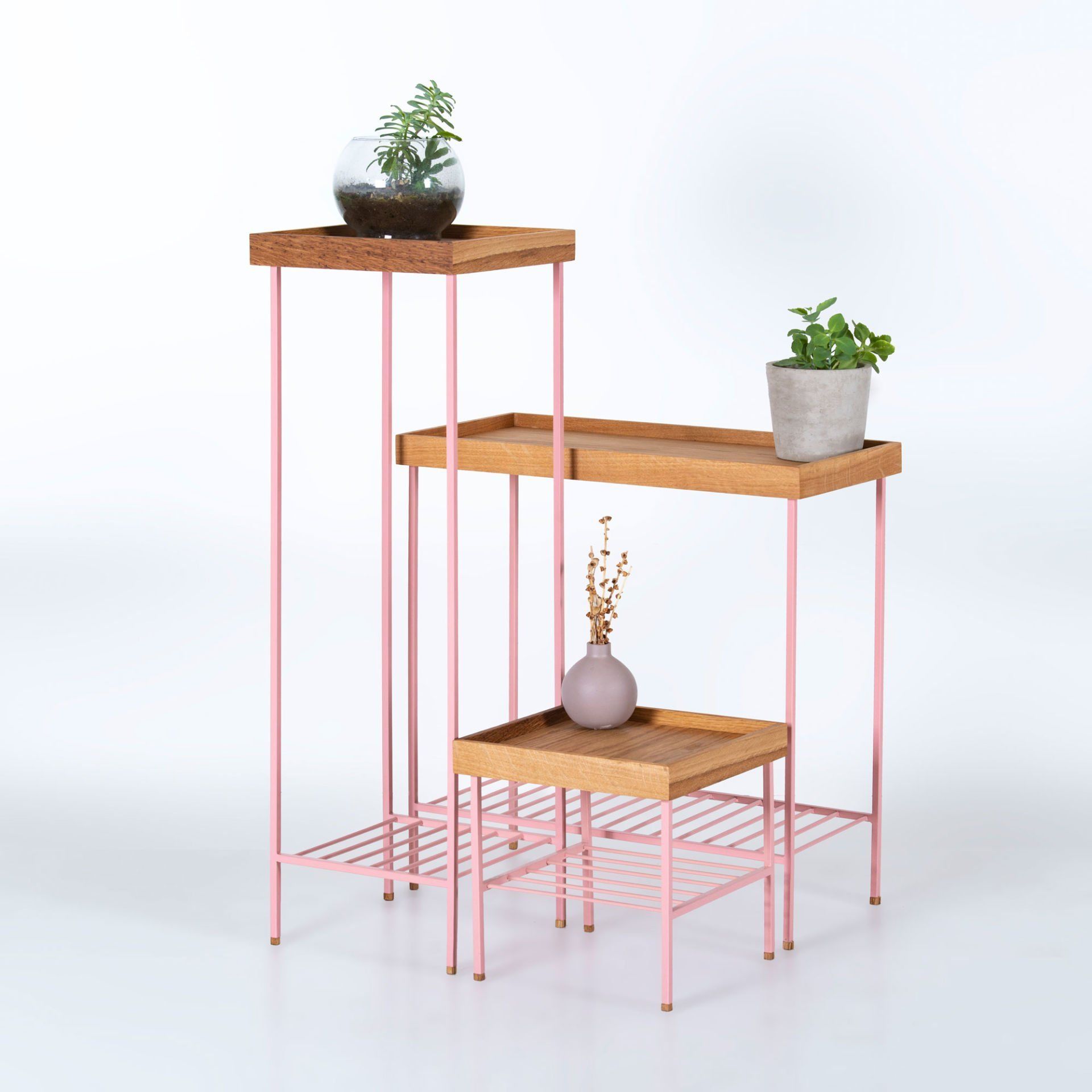 Masif Ahşap Yan Sehpa / Saksılık Set– EDGE Serisi, Metal Ayaklı Honey - PEMBE