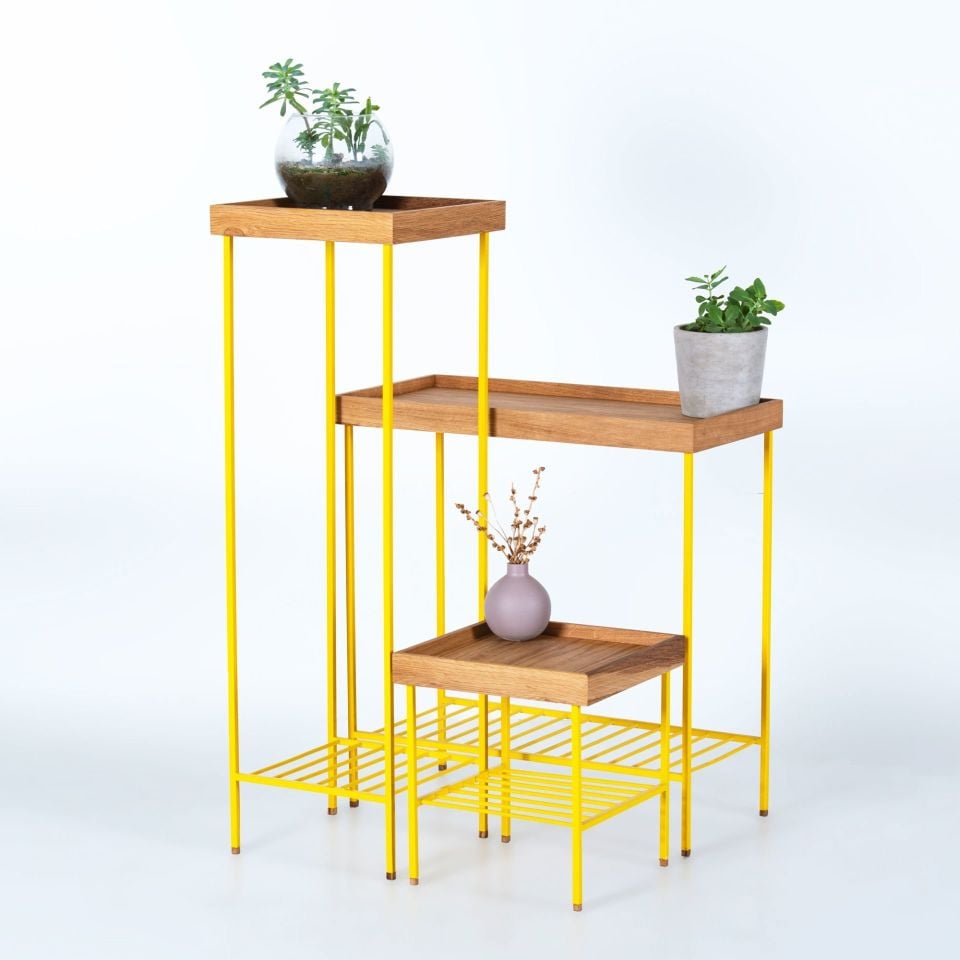 Masif Ahşap Yan Sehpa / Saksılık Set– EDGE Serisi, Metal Ayaklı Honey - SARI