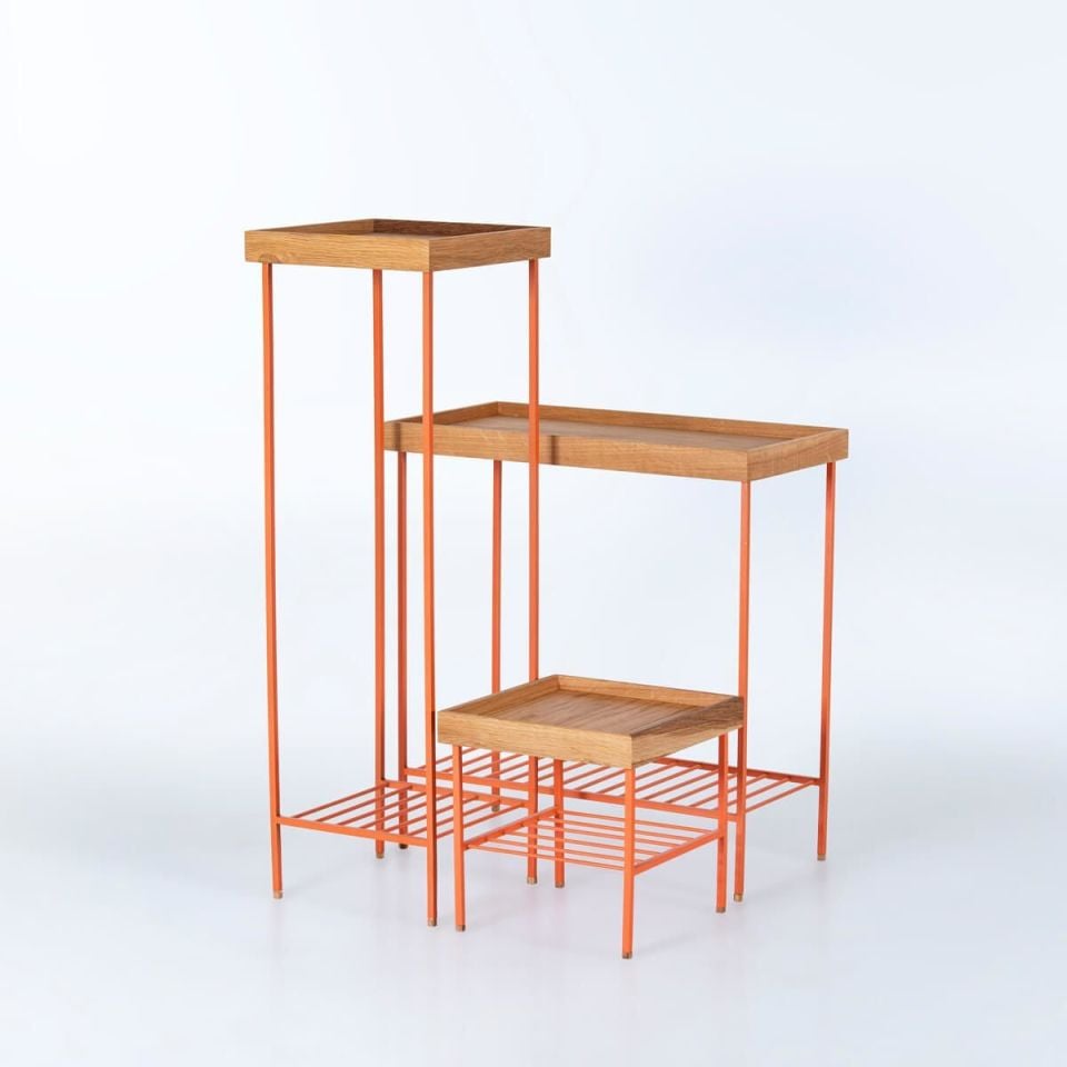 Masif Ahşap Yan Sehpa / Saksılık Set– EDGE Serisi, Metal Ayaklı Honey - TURUNCU