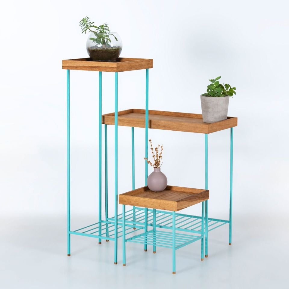 Masif Ahşap Yan Sehpa / Saksılık Set– EDGE Serisi, Metal Ayaklı Honey - YEŞİL