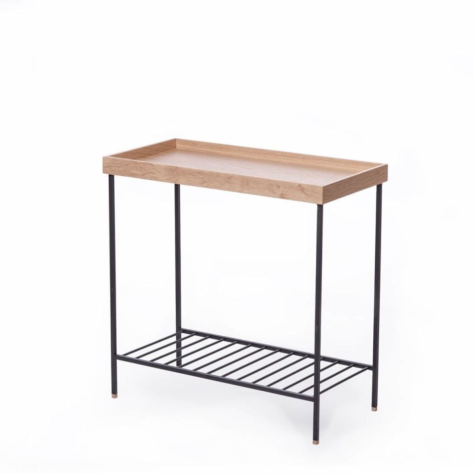 Masif Ahşap Geniş Yan Sehpa / Saksılık – EDGE Serisi, Metal Ayaklı Raw - SİYAH