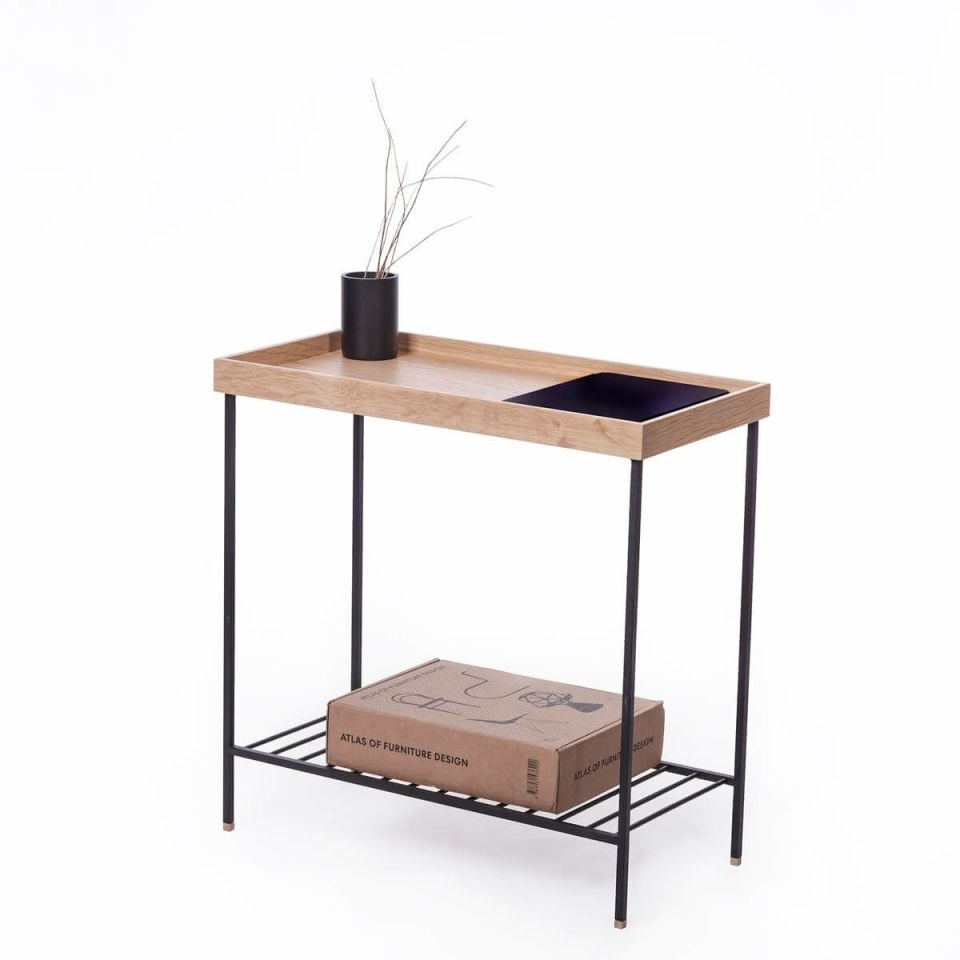 Masif Ahşap Geniş Yan Sehpa / Saksılık – EDGE Serisi, Metal Ayaklı Raw - SİYAH