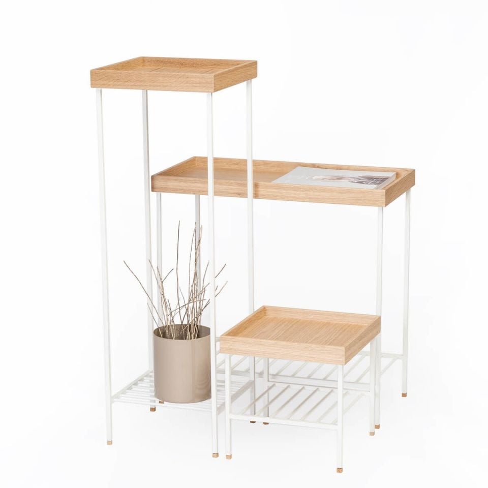 Masif Ahşap Geniş Yan Sehpa / Saksılık – EDGE Serisi, Metal Ayaklı Raw - BEYAZ