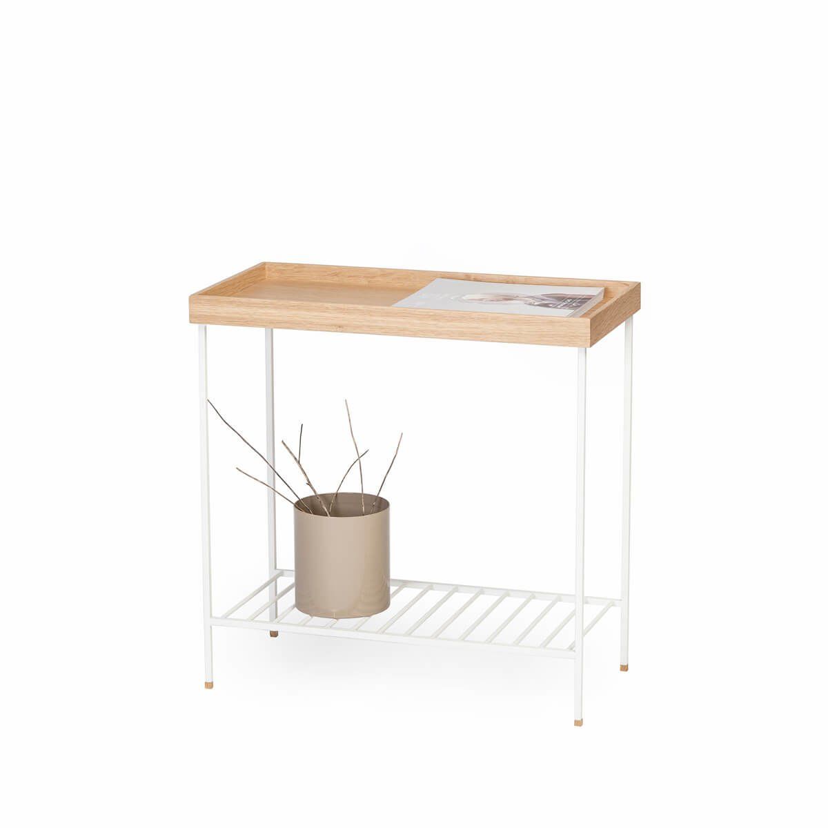 Masif Ahşap Geniş Yan Sehpa / Saksılık – EDGE Serisi, Metal Ayaklı Raw - BEYAZ