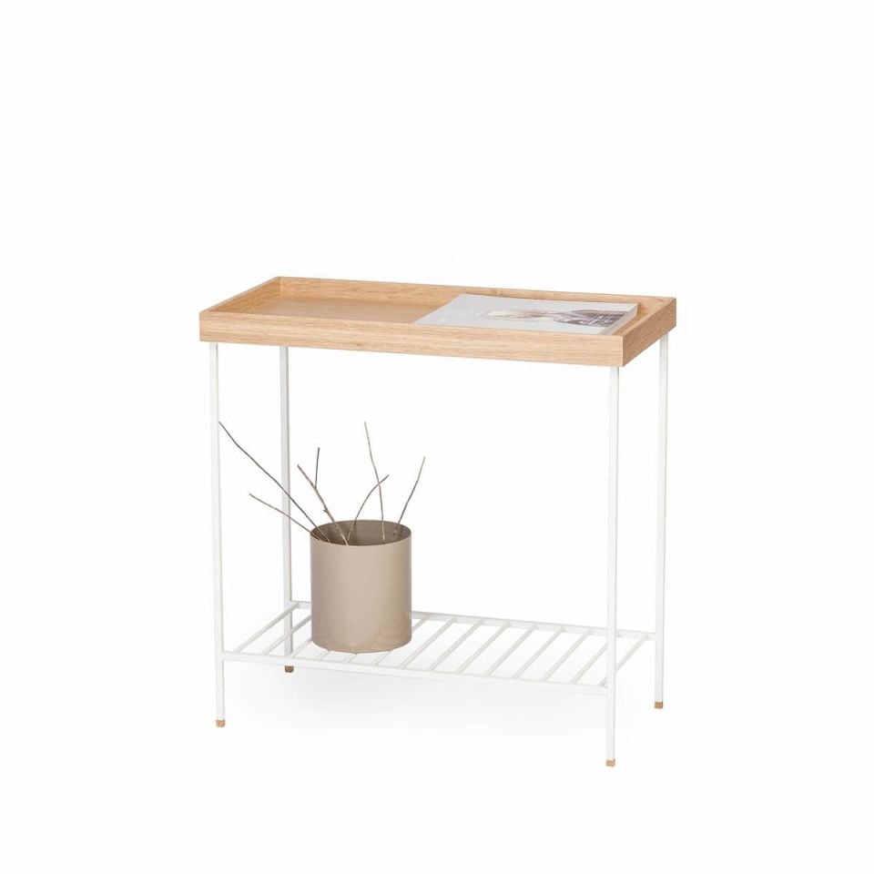 Masif Ahşap Geniş Yan Sehpa / Saksılık – EDGE Serisi, Metal Ayaklı Raw - BEYAZ