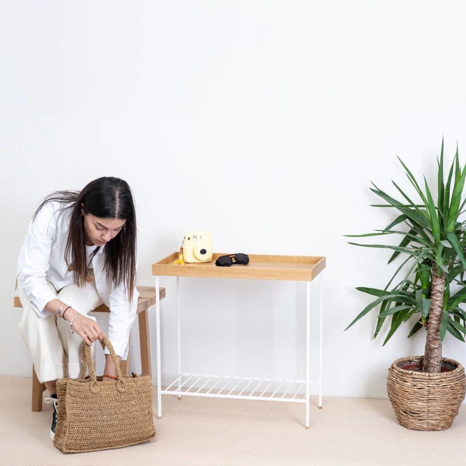 Masif Ahşap Geniş Yan Sehpa / Saksılık – EDGE Serisi, Metal Ayaklı Raw - BEYAZ