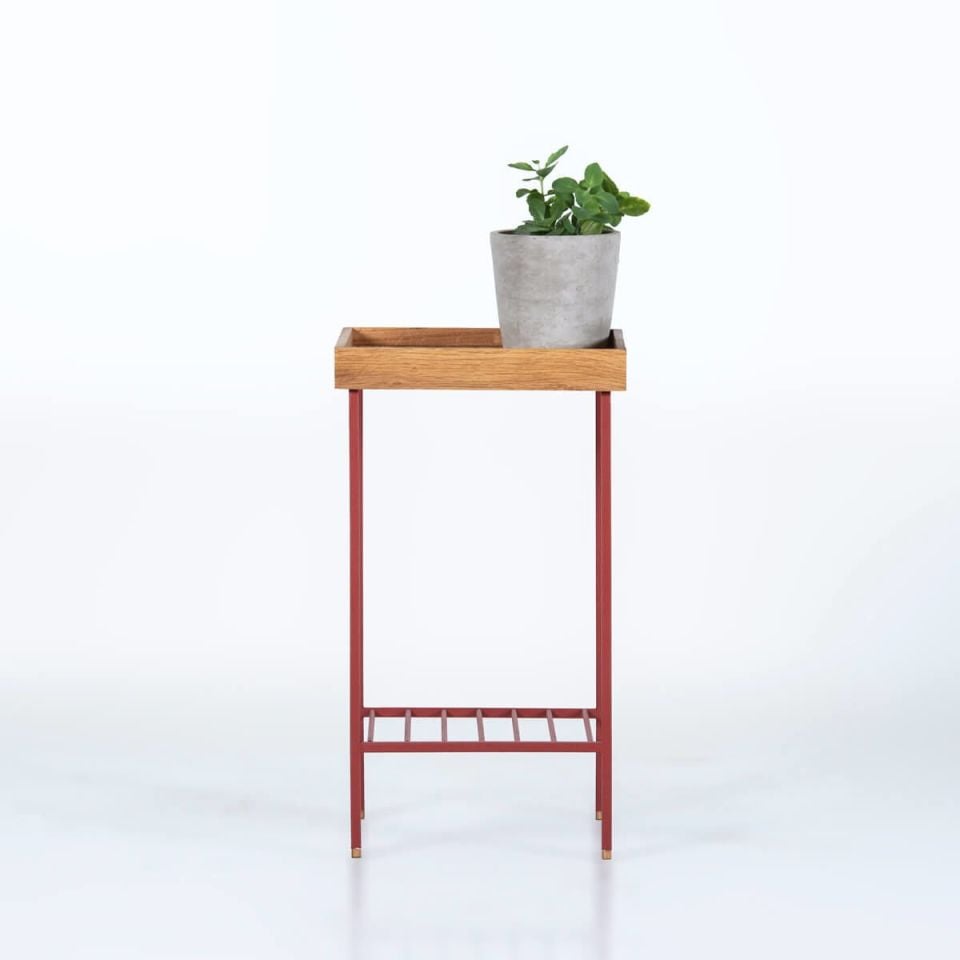 Masif Meşe Orta Boy Yan Sehpa / Saksılık – EDGE Serisi, Renkli Metal Ayaklı Honey - KIRMIZI