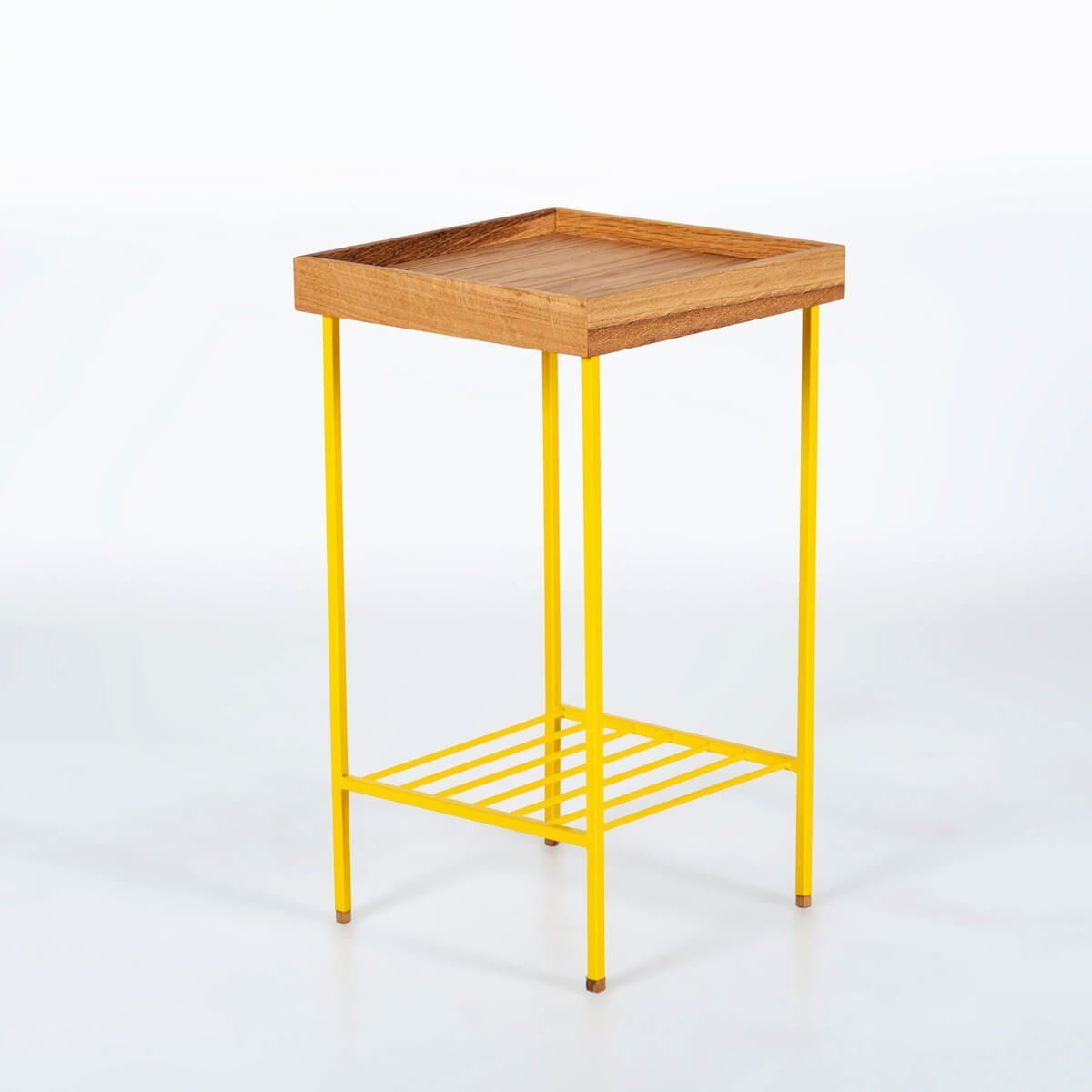 Masif Meşe Orta Boy Yan Sehpa / Saksılık – EDGE Serisi, Renkli Metal Ayaklı Honey - SARI