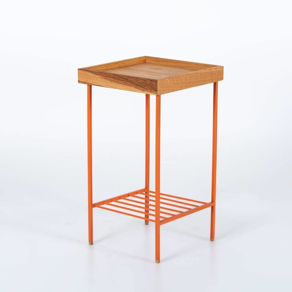 Masif Meşe Orta Boy Yan Sehpa / Saksılık – EDGE Serisi, Renkli Metal Ayaklı Honey - TURUNCU