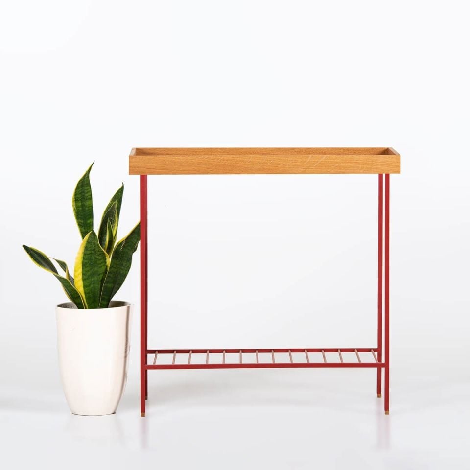 Masif Ahşap Geniş Yan Sehpa / Saksılık – EDGE Serisi, Renkli Metal Ayaklı Honey - KIRMIZI