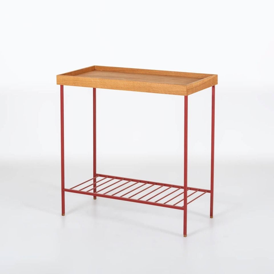 Masif Ahşap Geniş Yan Sehpa / Saksılık – EDGE Serisi, Renkli Metal Ayaklı Honey - KIRMIZI
