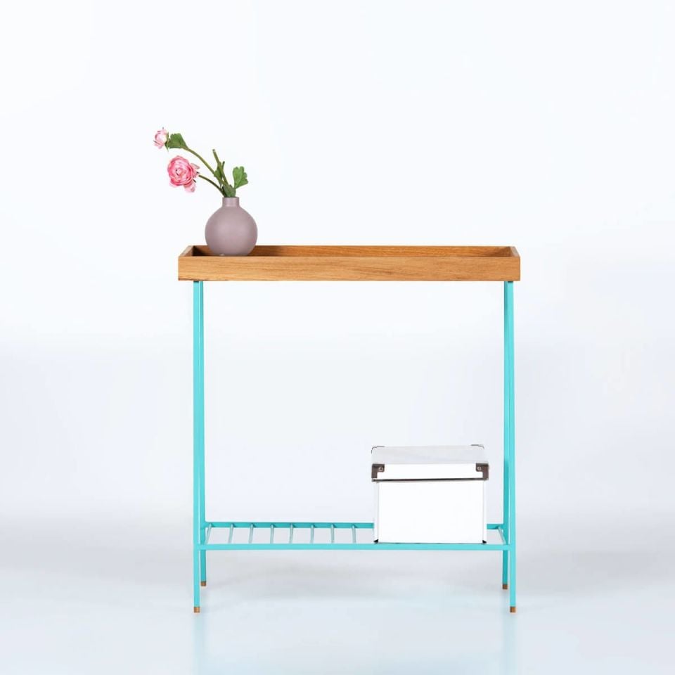 Masif Ahşap Geniş Yan Sehpa / Saksılık – EDGE Serisi, Renkli Metal Ayaklı Honey - YEŞİL