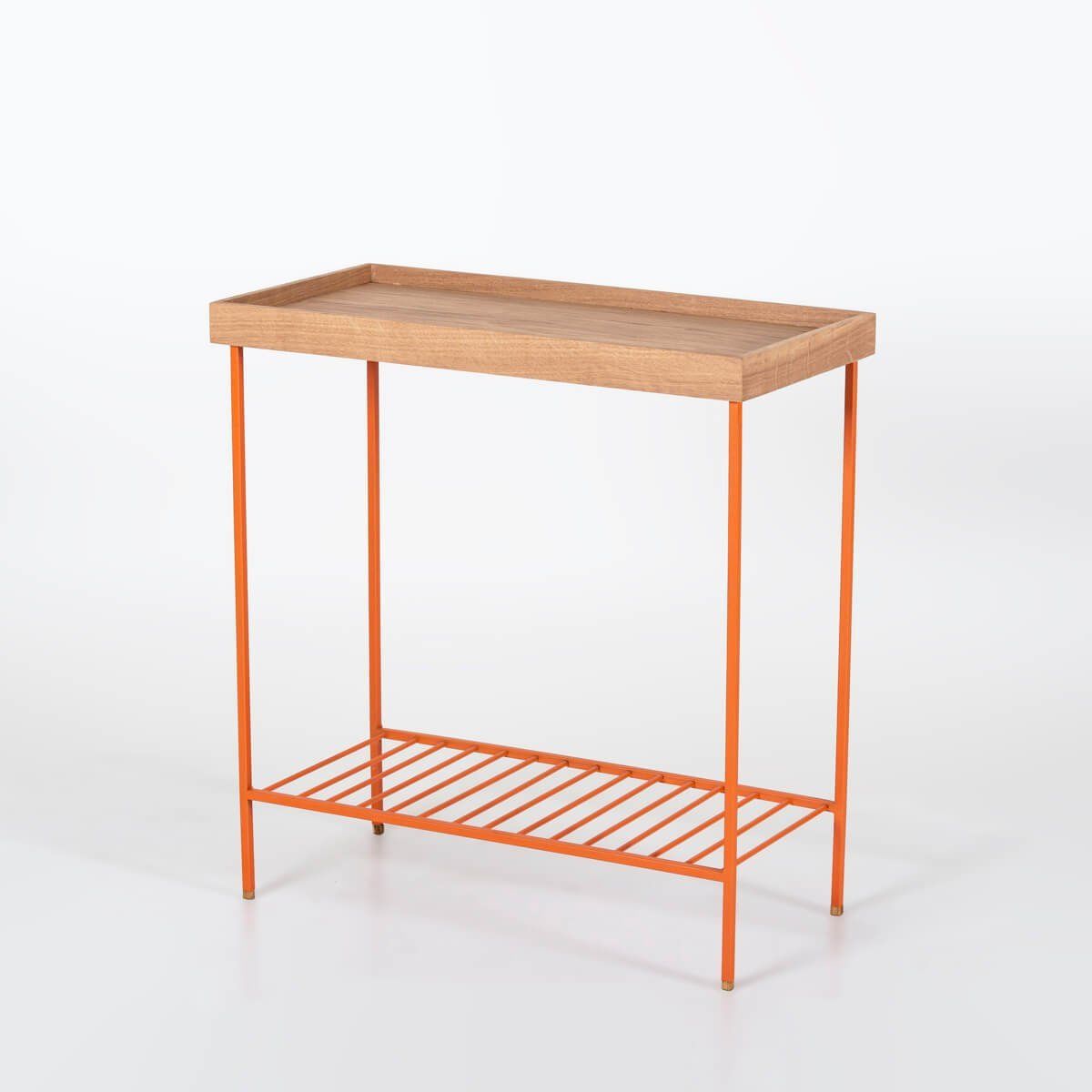 Masif Ahşap Geniş Yan Sehpa / Saksılık – EDGE Serisi, Renkli Metal Ayaklı Raw - TURUNCU