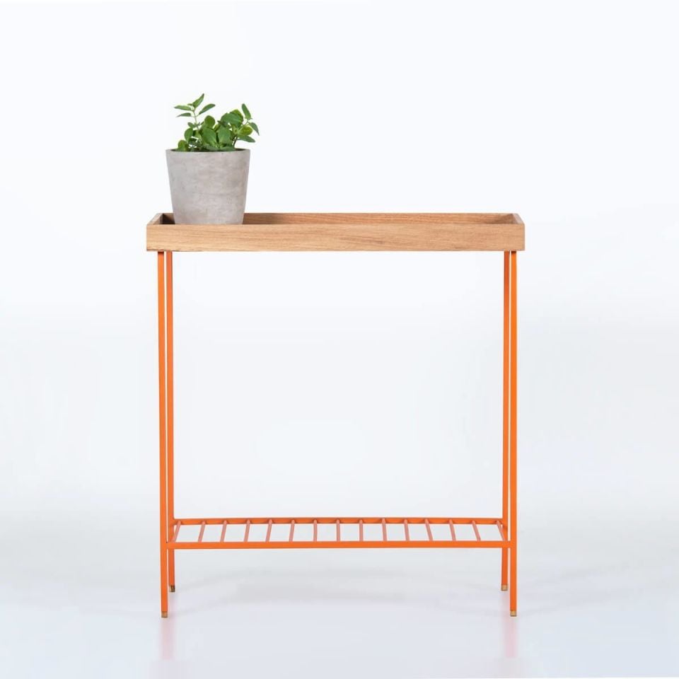 Masif Ahşap Geniş Yan Sehpa / Saksılık – EDGE Serisi, Renkli Metal Ayaklı Raw - TURUNCU