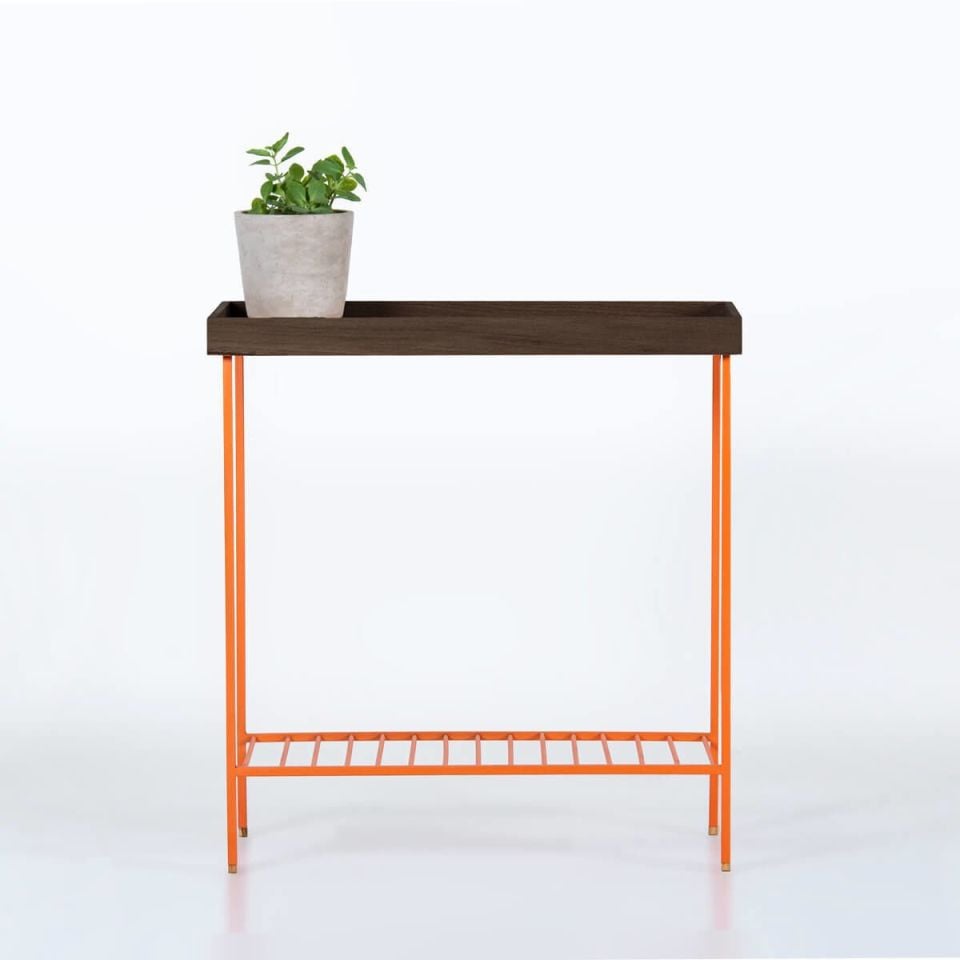 Masif Ahşap Geniş Yan Sehpa / Saksılık – EDGE Serisi, Renkli Metal Ayaklı Forest - TURUNCU