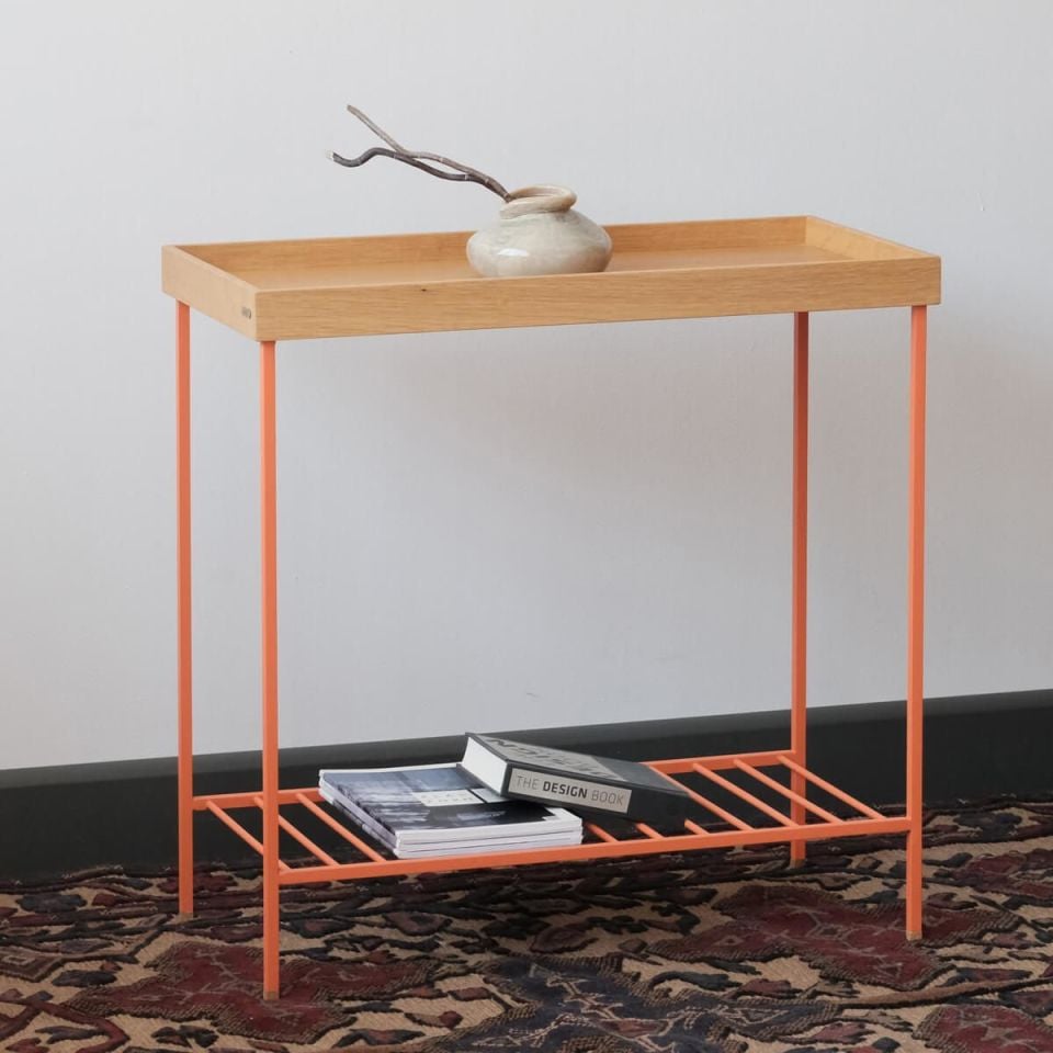 Masif Ahşap Geniş Yan Sehpa / Saksılık – EDGE Serisi, Renkli Metal Ayaklı Honey - TURUNCU