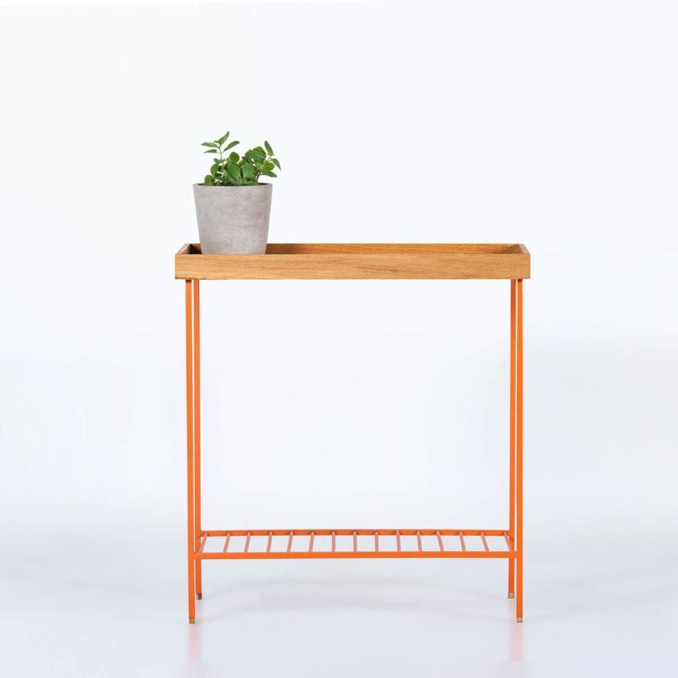 Masif Ahşap Geniş Yan Sehpa / Saksılık – EDGE Serisi, Renkli Metal Ayaklı Honey - TURUNCU