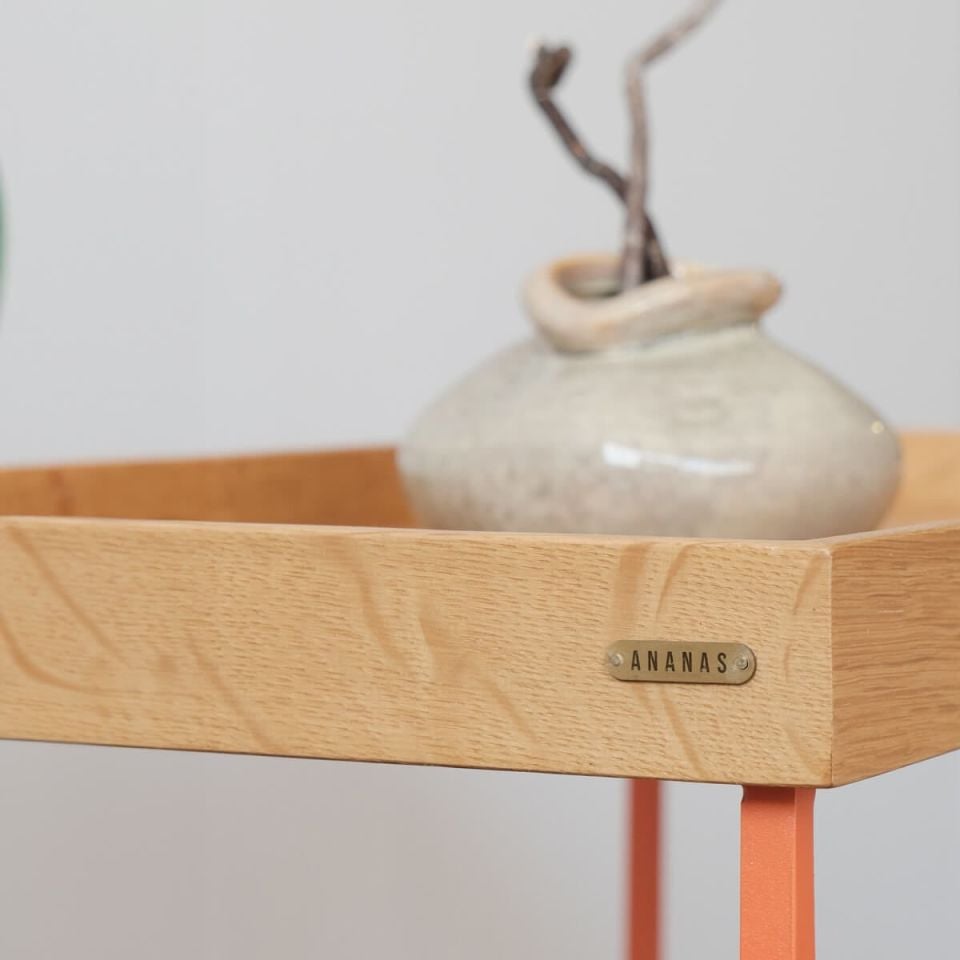 Masif Ahşap Geniş Yan Sehpa / Saksılık – EDGE Serisi, Renkli Metal Ayaklı Honey - TURUNCU