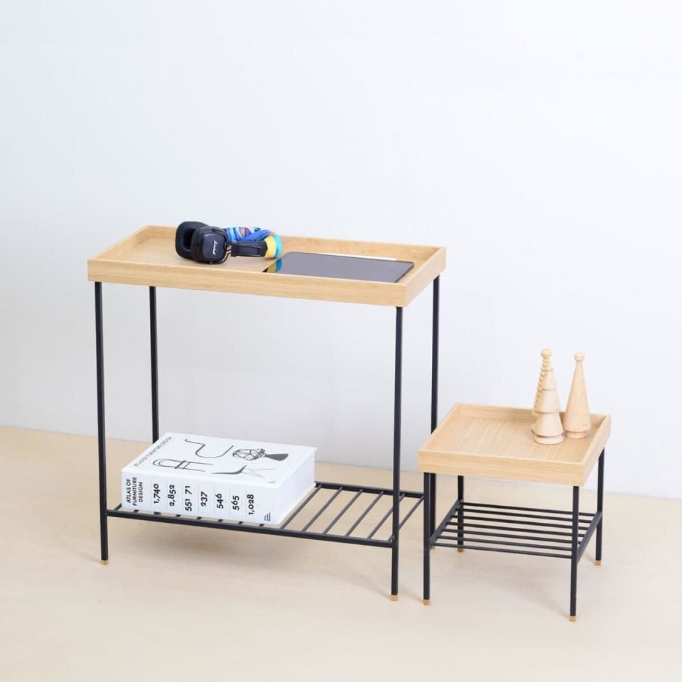 Masif Meşe Kısa Yan Sehpa / Saksılık – EDGE Serisi Raw - SİYAH