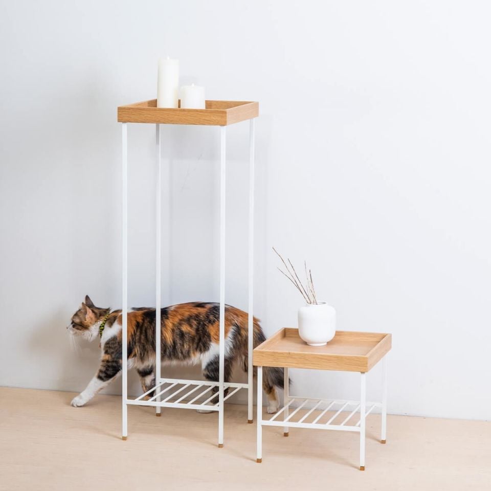 Masif Meşe Kısa Yan Sehpa / Saksılık – EDGE Serisi Raw - BEYAZ