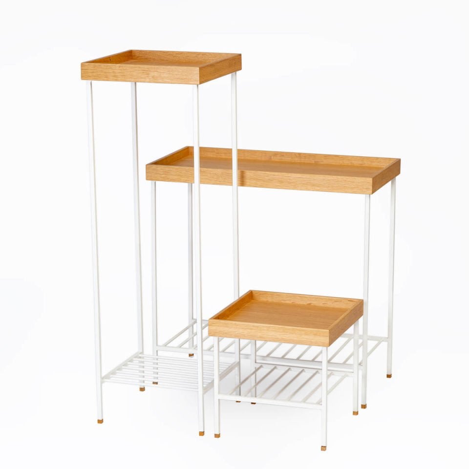 Solid Wood Wide Side Table / Flower Pot – EDGE Series, Metal Legs WHITE - Honey