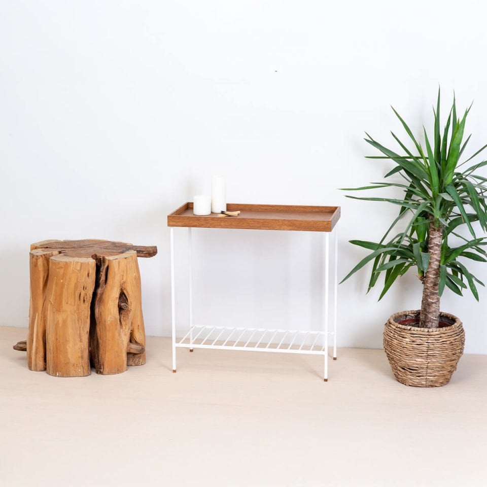 Masif Ahşap Geniş Yan Sehpa / Saksılık – EDGE Serisi, Metal Ayaklı BEYAZ - Forest