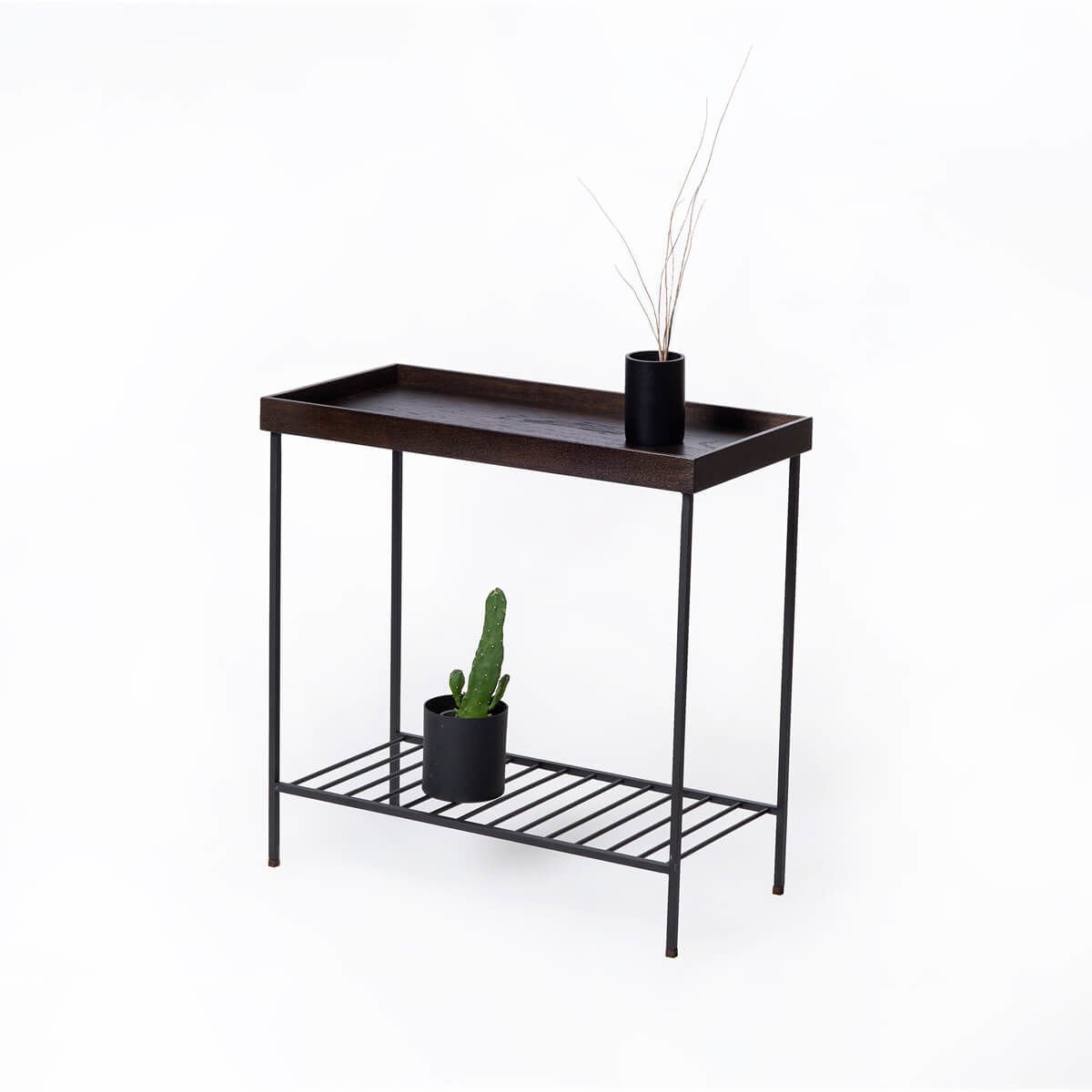 Solid Wood Wide Side Table / Flower Pot – EDGE Series, Metal Legs BLACK - Dark