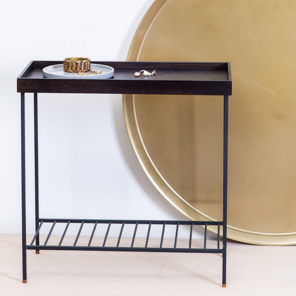 Masif Ahşap Geniş Yan Sehpa / Saksılık – EDGE Serisi, Metal Ayaklı SİYAH - Dark