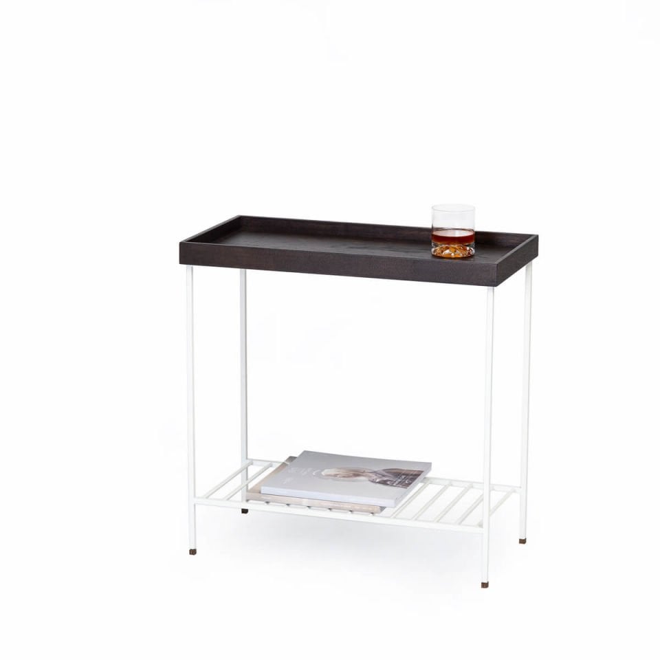 Solid Wood Wide Side Table / Flower Pot – EDGE Series, Metal Legs WHITE - Dark