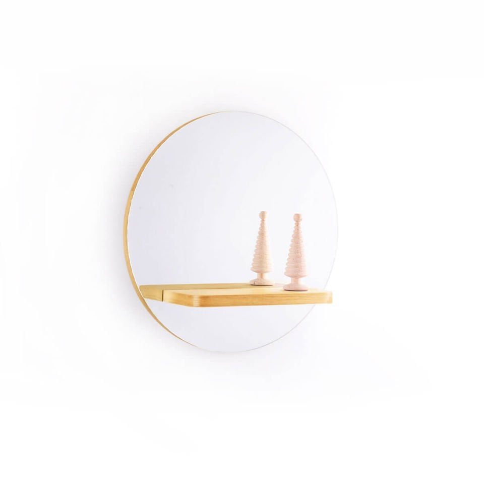 Raflı Ayna – Yuvarlak, Meşe, 50 cm Honey