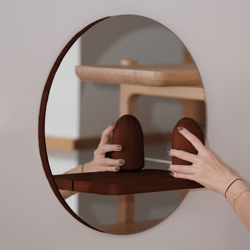 Raflı Ayna – Yuvarlak, Meşe, 50 cm Forest