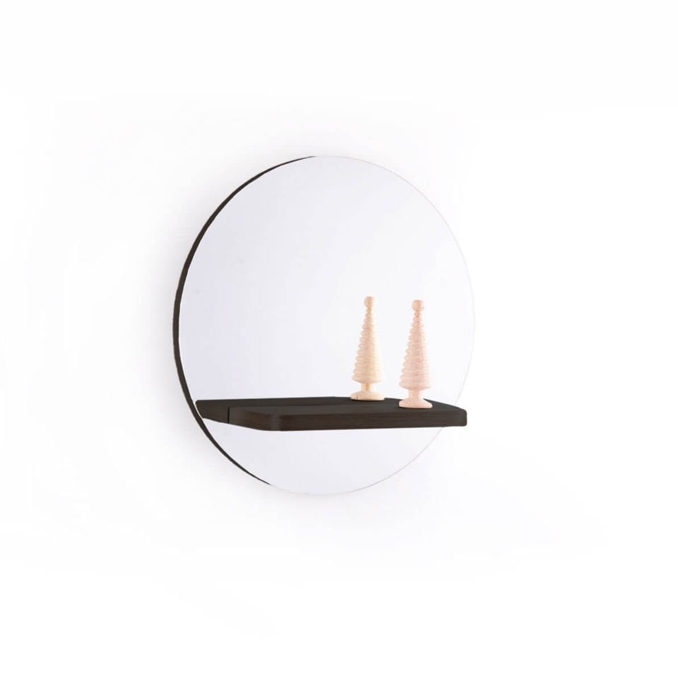 Raflı Ayna – Yuvarlak, Meşe, 50 cm Dark