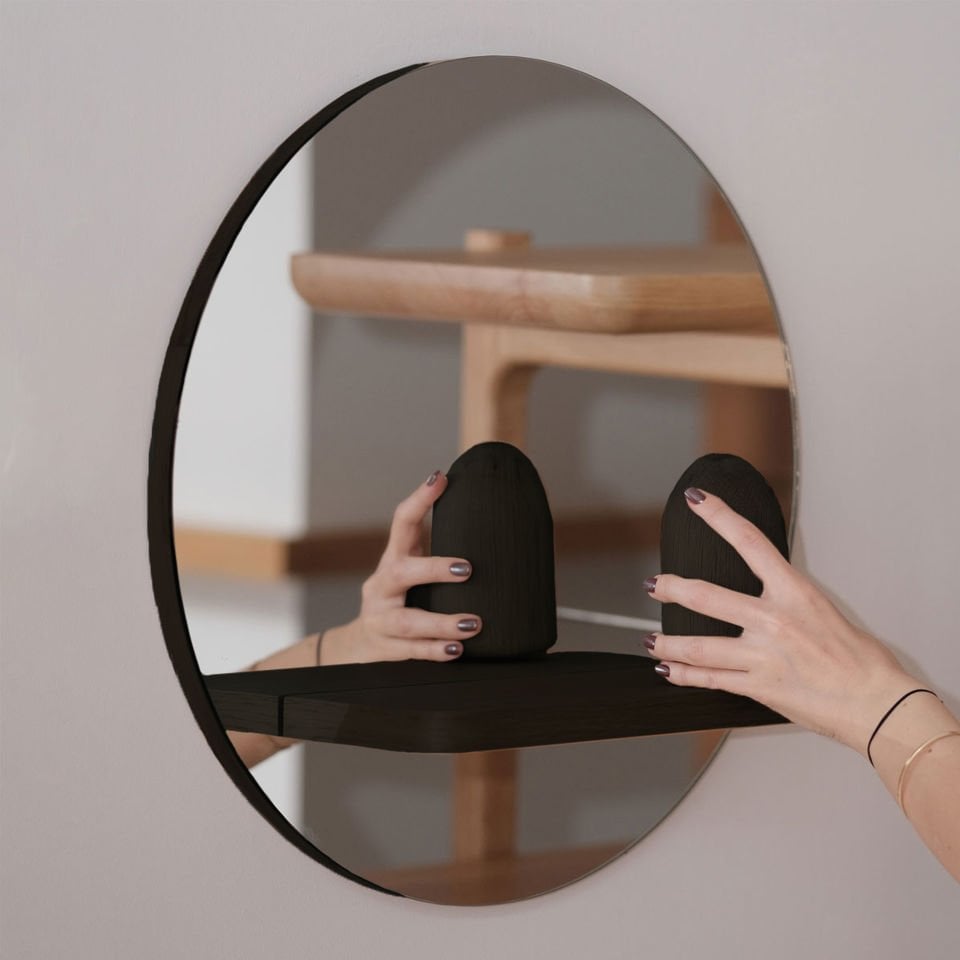 Raflı Ayna – Yuvarlak, Meşe, 50 cm Dark