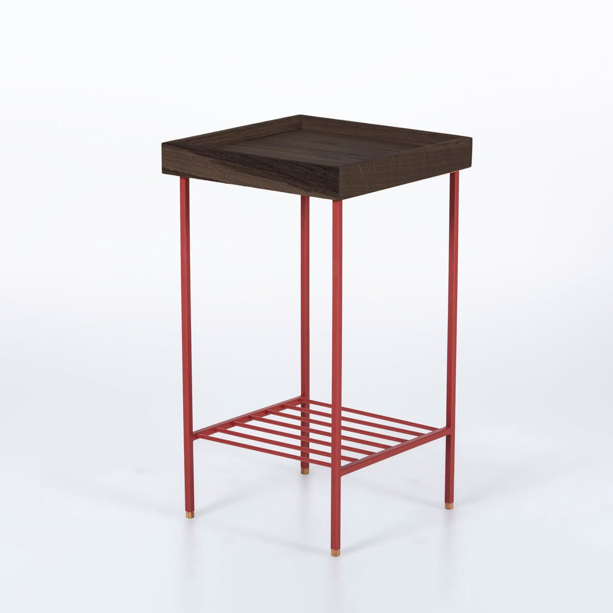 Masif Meşe Orta Boy Yan Sehpa / Saksılık – EDGE Serisi, Renkli Metal Ayaklı Dark - KIRMIZI