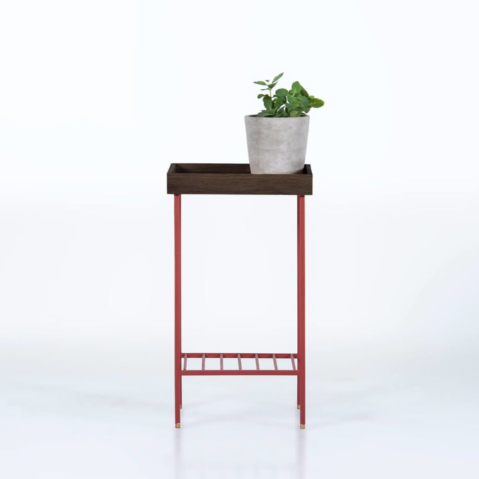 Masif Meşe Orta Boy Yan Sehpa / Saksılık – EDGE Serisi, Renkli Metal Ayaklı Dark - KIRMIZI
