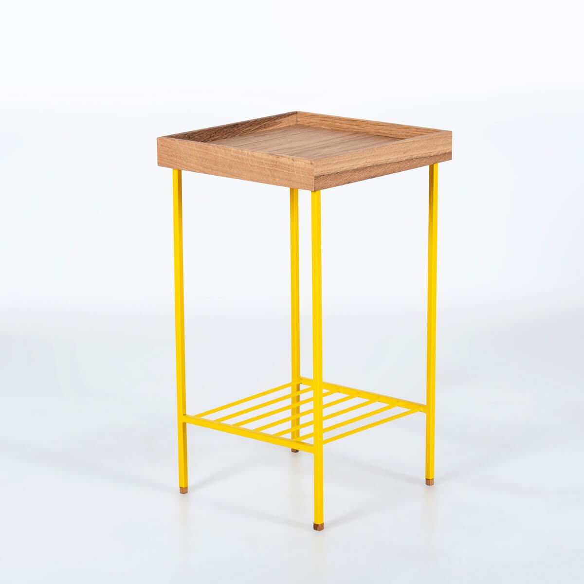 Masif Meşe Orta Boy Yan Sehpa / Saksılık – EDGE Serisi, Renkli Metal Ayaklı Raw - SARI