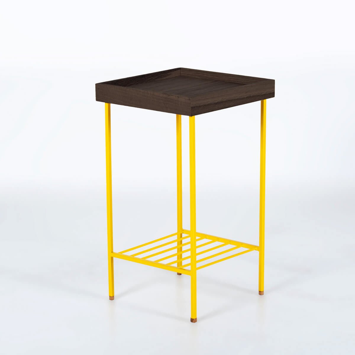 Solid Oak Medium Size Side Table / Flower Pot – EDGE Series, Dark - YELLOW with Colored Metal Legs