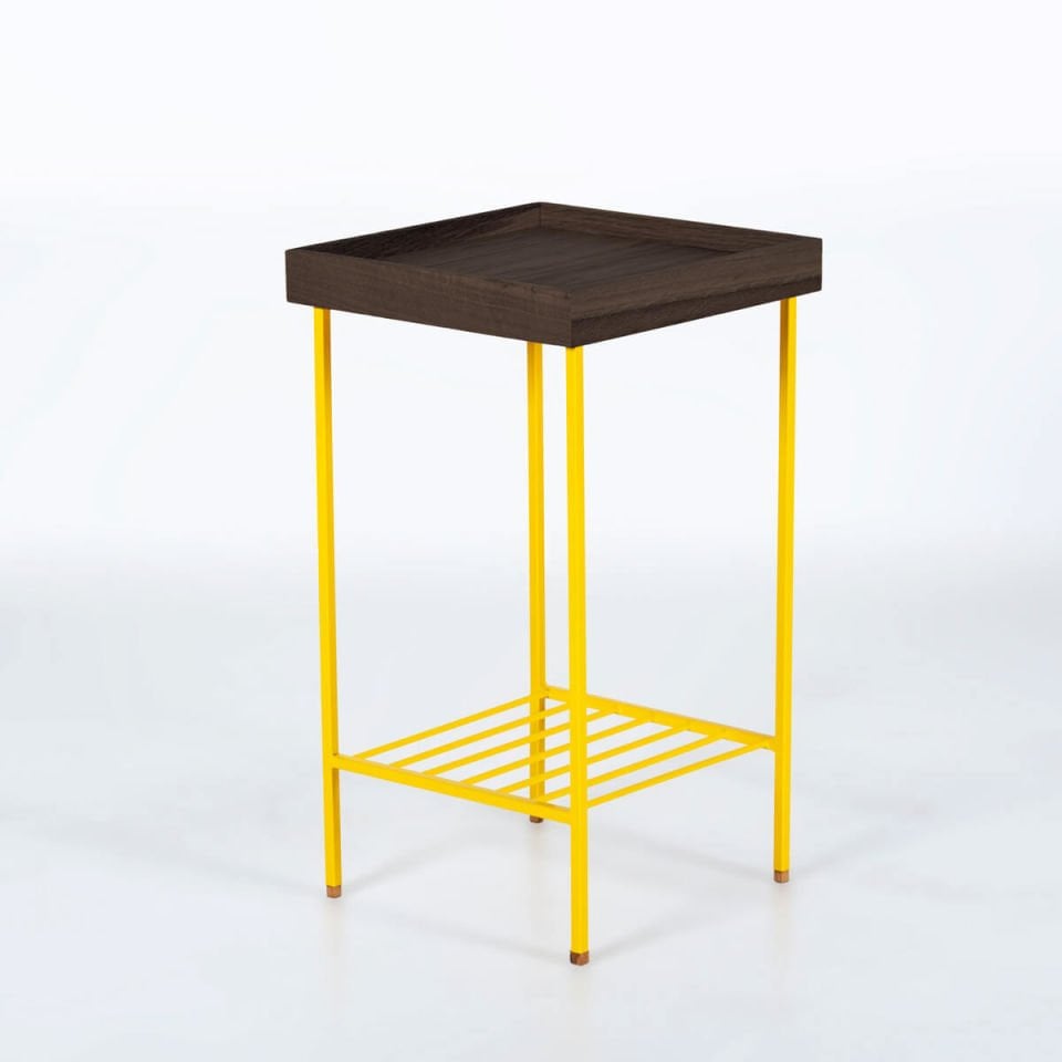 Solid Oak Medium Size Side Table / Flower Pot – EDGE Series, Dark - YELLOW with Colored Metal Legs