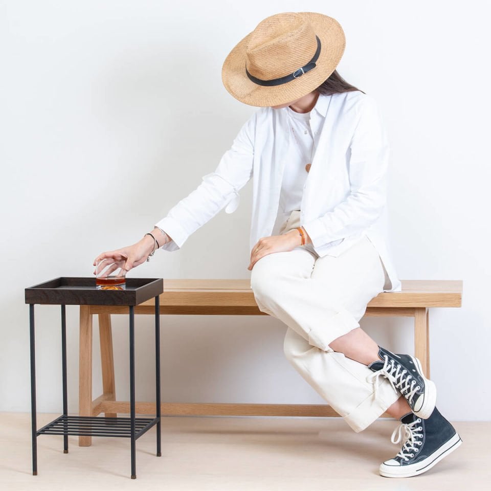 Masif Meşe Orta Boy Yan Sehpa / Saksılık – EDGE Serisi, Metal Ayaklı Dark - SİYAH