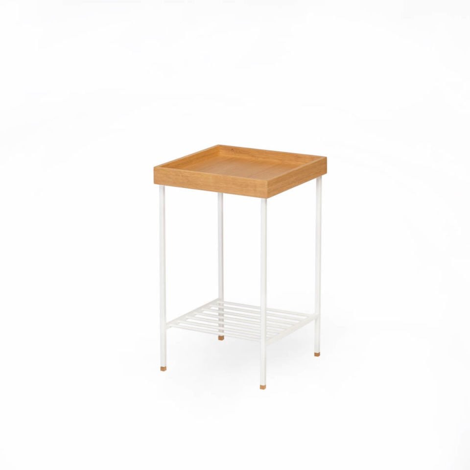 Solid Oak Medium Size Side Table / Flower Pot – EDGE Series, Metal Leg Honey – WHITE